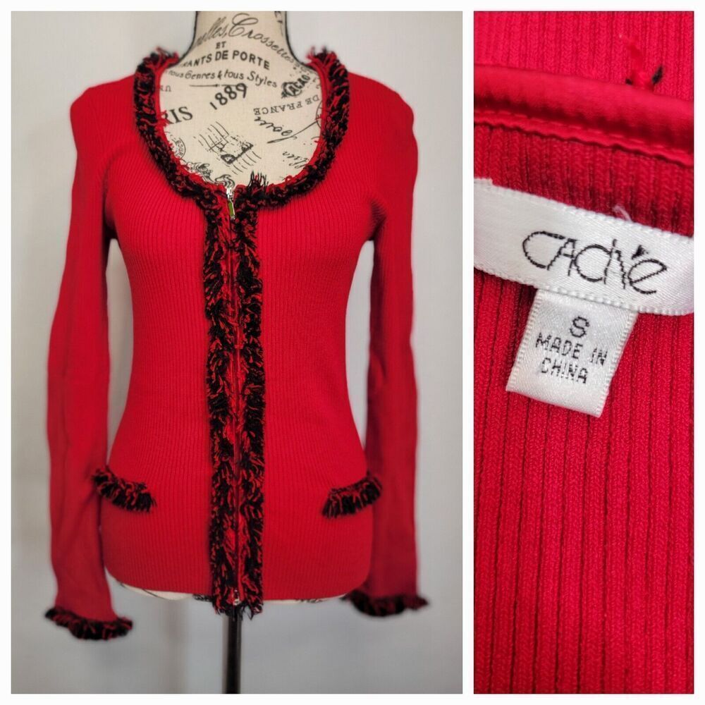 CACHE Cardigan Top Women Small Red Rib Knit Scoop Neck Fringed Full Zip Mobwife
